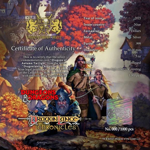 5 oz Silver DRAGONS OF AUTUMN TWILIGHT Dragonlance Coin 2023 Niue